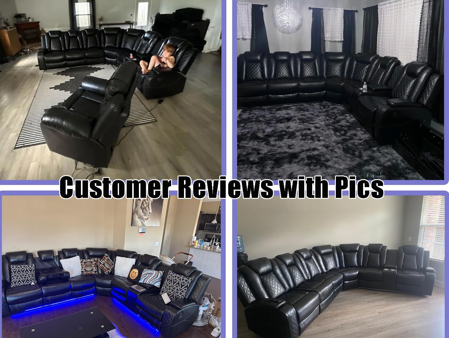 Power Recliner Sectional Sofa Set,Living Room Furniture Sets,Black Leather Sectional Reclining Couch Power Reclining Sofa with LED Light/Storage Console for Living Room - Image 5