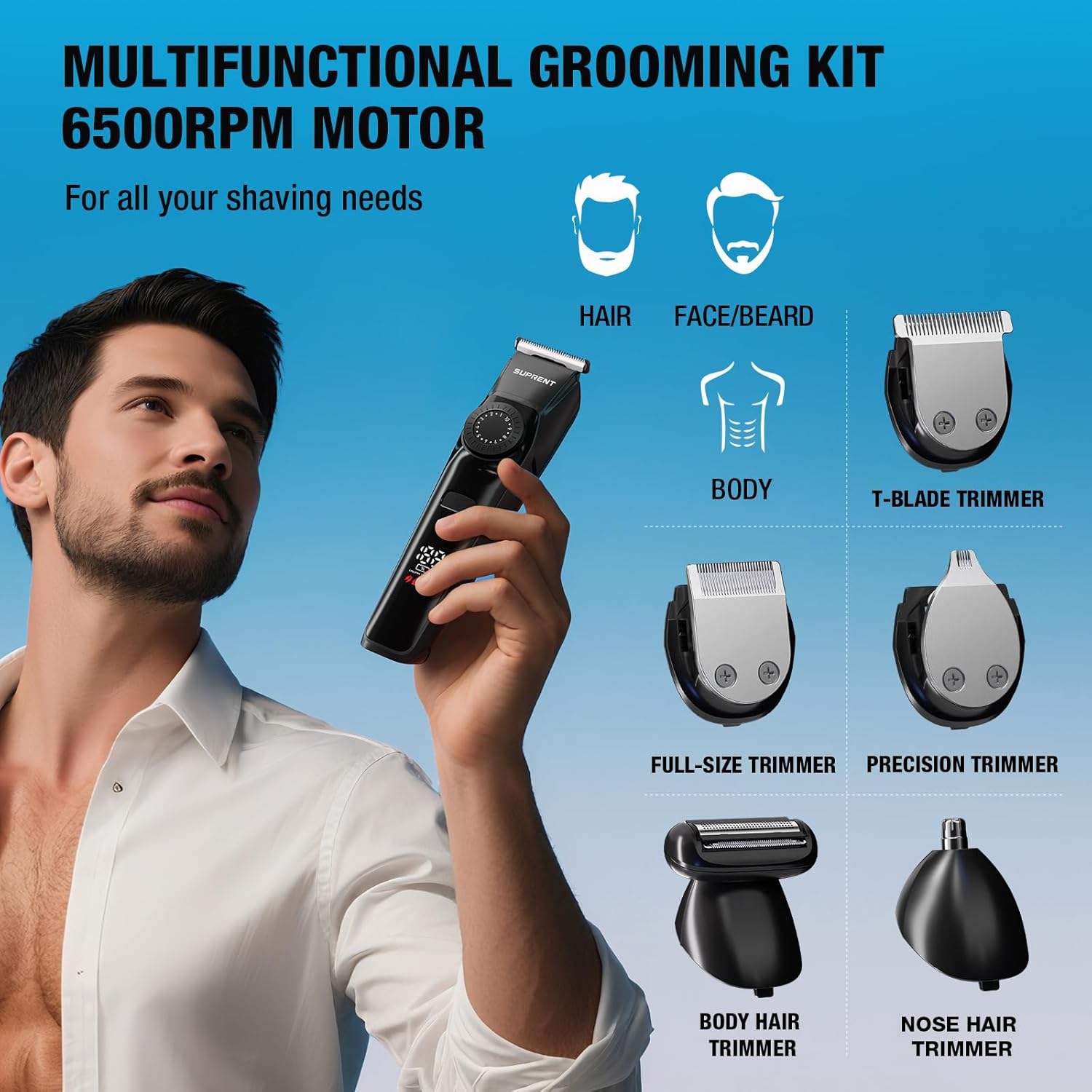 SUPRENT Beard Trimmers for Men - All-in-One Mens Grooming Kits with 40 Precision Dials,Waterproof Adjustable Trimmers for Hair, Beard, Face, Nose & Body, USB-C Rechargeable, 3.5H Running Time (Black) - Image 7