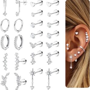 LOLIAS Hypoallergenic Flat Back Earrings-Cartilage Earring Stacks-Surgical Steel Earrings for Sensitive Ears – Small Stainless Steel Flatback Stud Hoop Earring Sets for Helix Tragus Conch Daith Multiple Piercing Jewelry Trendy