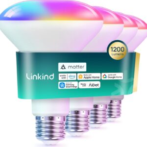 Linkind Matter Smart Light Bulb,1200LM 85W BR30 Smart Flood Light Bulbs Work with Alexa, Apple Home, Google Home, RGBTW Recessed Color Changing Bulbs E26, 2.4GHz Only WiFi Light Bulbs LED, 4Pack