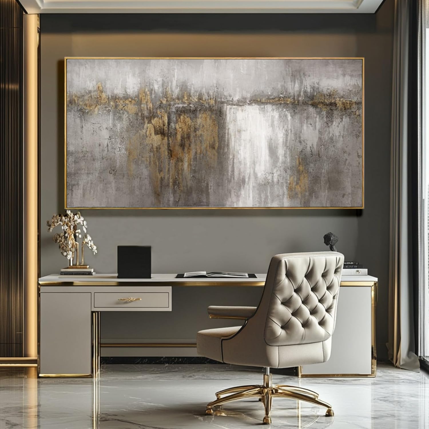 White and Gold Artwork for Walls Abstract Framed Poster Print 24"x48" Canvas Wall Art for Bedroom Neutral Artwork Decor for Office - Image 2