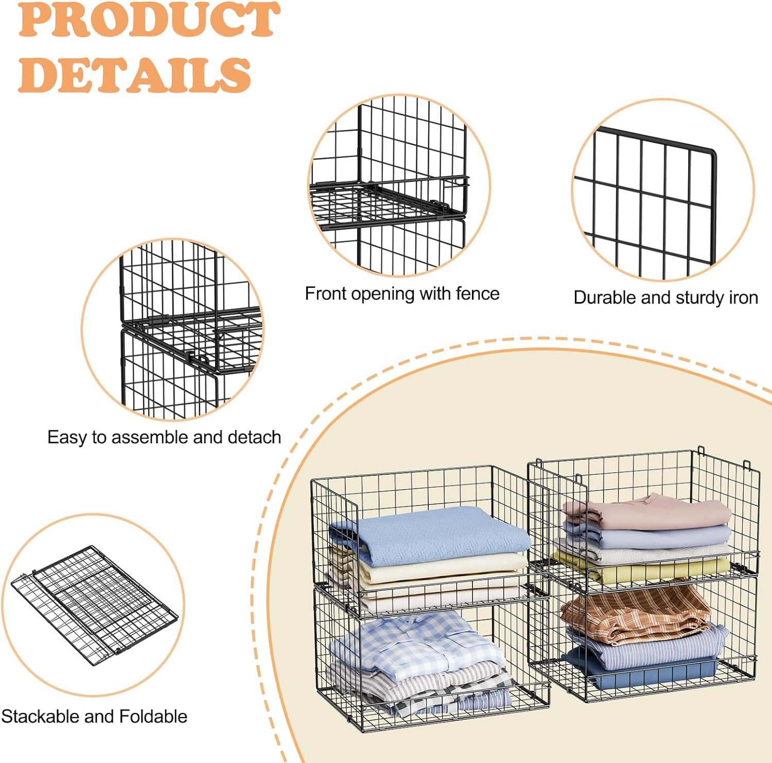4-Tier Stackable Closet Organizers and Storage Shelves, Clothes Shelf Organizer Basket Bins, Foldable Sweater Storage for Closet Organizer System, Black (Patent Pending) - Image 4