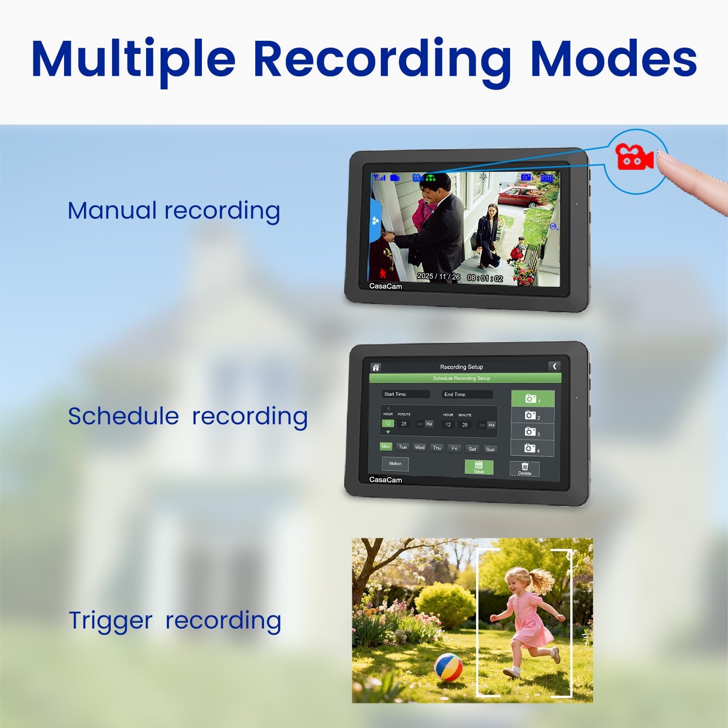 CasaCam GuardianCam Air | Wireless Security Camera System with 7" Touchscreen Monitor and 2 720p Cameras | AC Powered, Two-Way Audio, Free APP, 32GB SD Card and Battery Installed, Model VS802 - Image 5