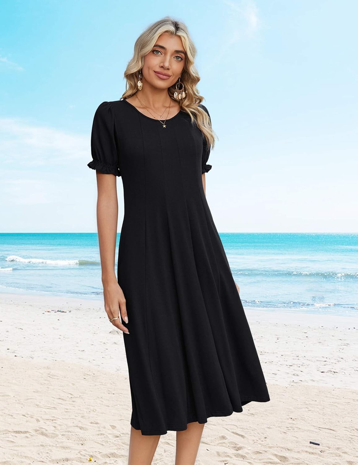Zeagoo Womens Summer Dress Casual Midi Dresses 2026 Short Puff Sleeve Flare Dress Pleated Flowy Sundress with Pockets - Image 6