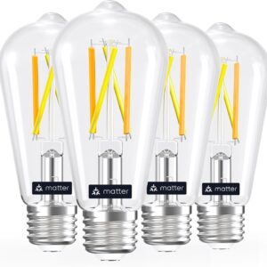 Linkind Matter Smart Light Bulb, ST19 (ST58) Smart Edison Bulbs, 2700K-6500K E26 LED Bulb 8W 60W, 800LM Edison Light Bulb, Work with Alexa, Google Home, Apple Home, SmartThings, 2.4GHz WiFi, 4-Pack