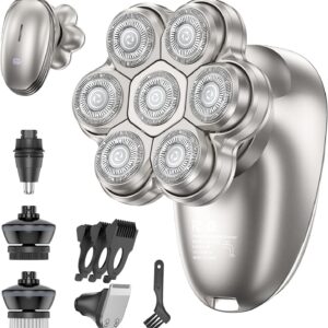 Electric Razor for Men, 7D Magnetic Detachable Electric Head Shaver, IPX7 Waterproof Wet Dry Bald Body Head Shaver, 5-in-1 Head & Body Hair Shavers for Men, for Beard Trimmer,Nose Trimmer, Head (Gray)