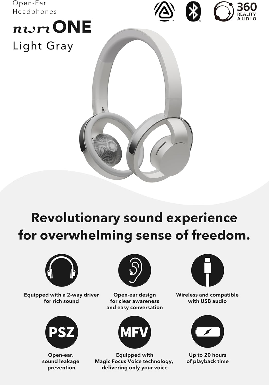 nwm ONE Wireless Open-Ear Headphones | Prevents Sound Leakage with PSZ Technology (Bone Conduction Alternative) | Bluetooth 5.3 | Multipoint | 20-Hour Battery Life with Microphone | Light Gray - Image 6