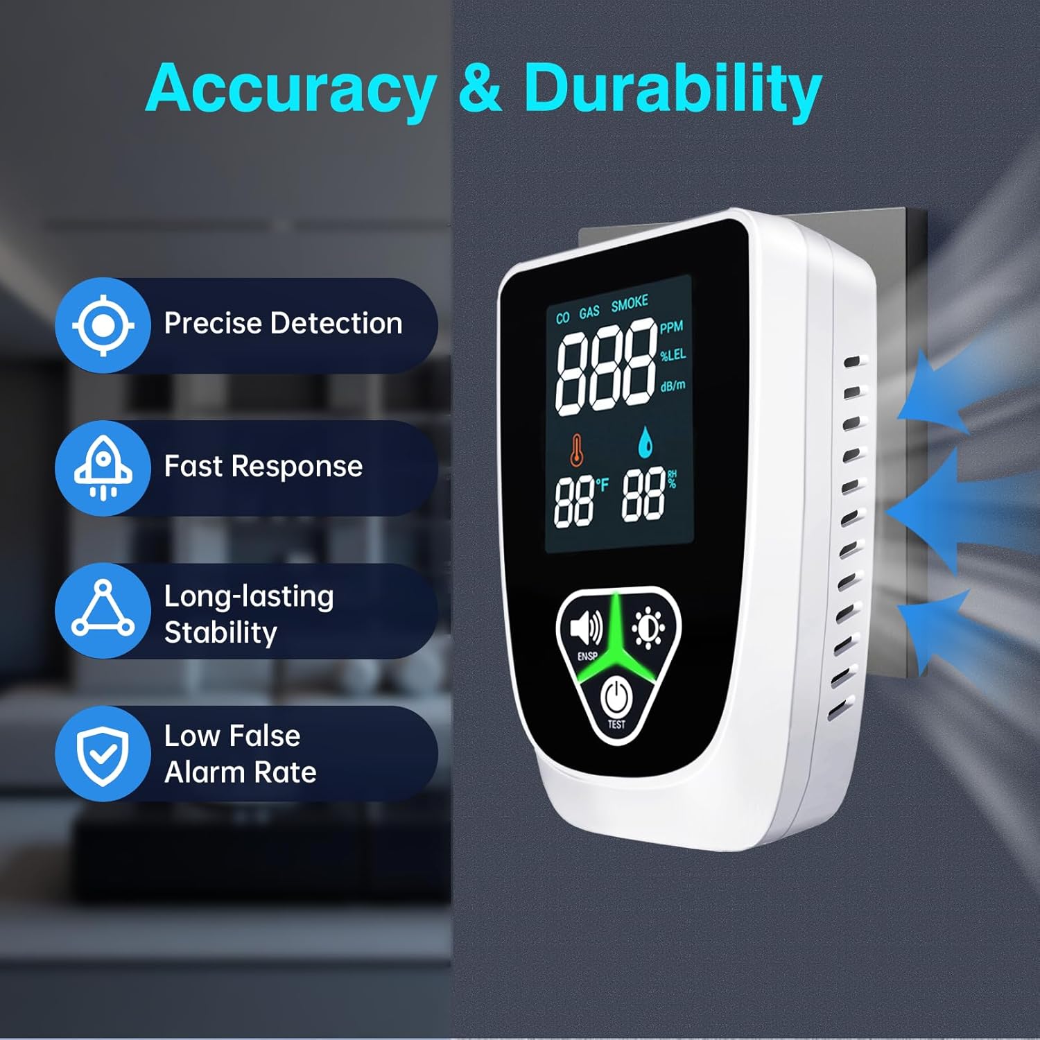 5-in-1 Plug in Gas & Smoke & Carbon Monoxide Detector, Combination CO Alarm with Temperature(°F) & Humidity HD Screen Supports English/Spanish Ideal for Home, RVs, Apartment (1 Pack) - Image 3