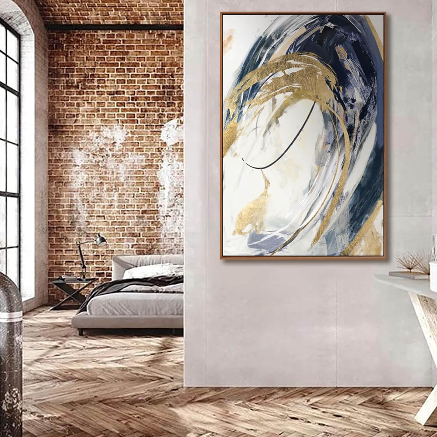 Large Wall Art Framed Artwork Gold Wall Decor Living Room Decorations Blue Wall Decor Abstract Painting Gold Line Artwork Line Office Decor Ready to Hang 32X48 Inch - Image 2