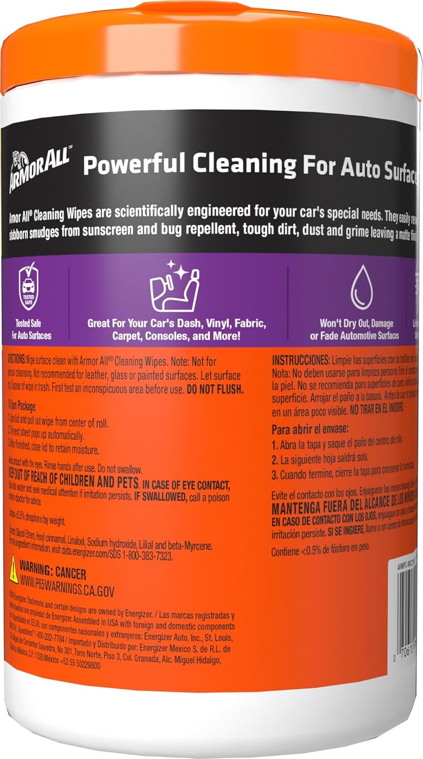 Armor All Car Cleaning Wipes, 90 Count Canister, Powerful Car Wipes for Dashboards, Vinyl, Clear Plastics, Carpet and Fabric - Image 7