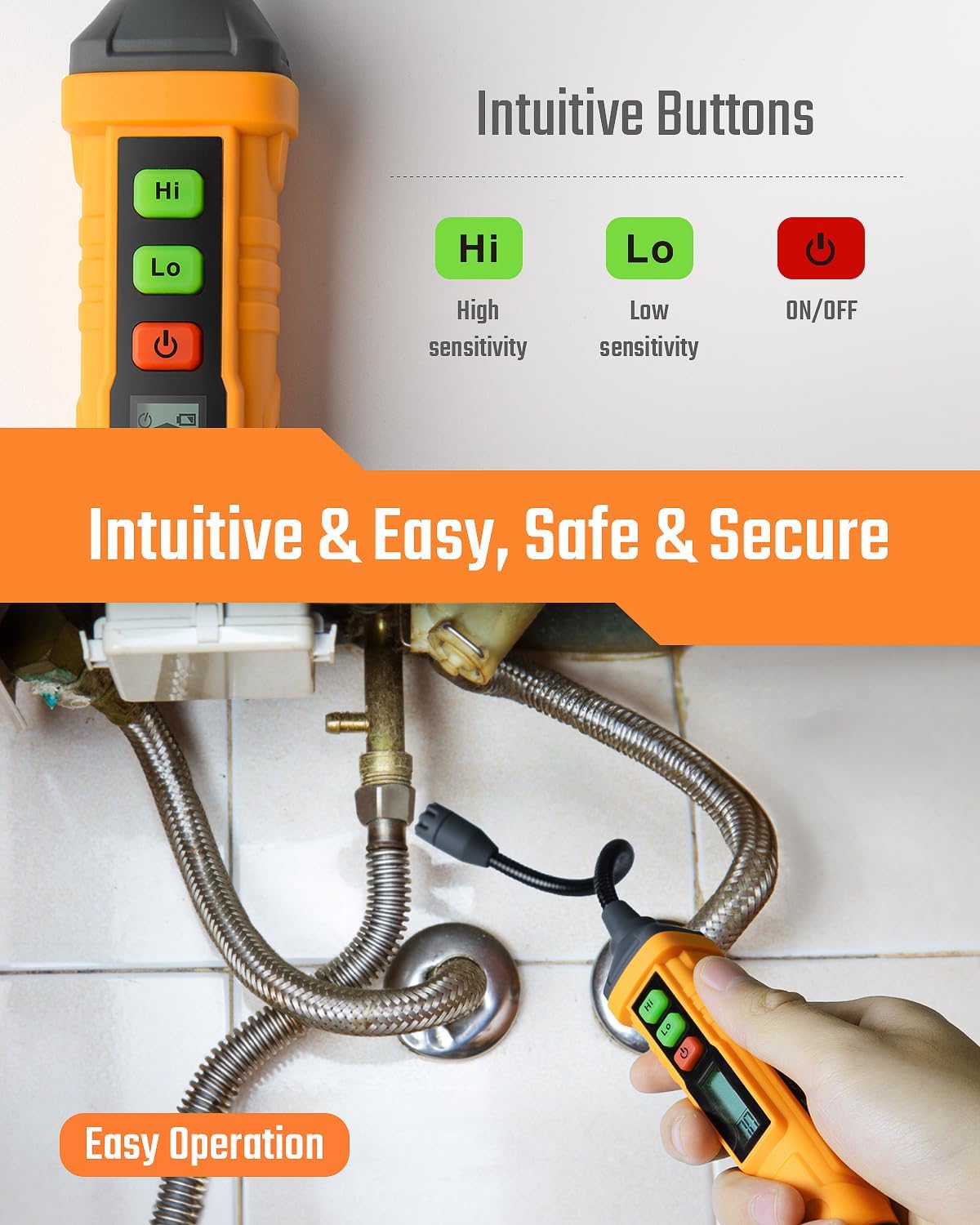 TopTes PT210S Gas Leak Detector, Natural Gas Detector with 4-inch Probe, Propane Leak Detector Locating Combustible Gases Like Natural Gas, Methane for Home, Measures%LEL (Incl. Batteries) - Orange - Image 5