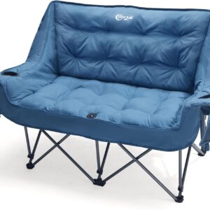PORTAL Double Camping Chair, 2 Person Folding Loveseat for Adults, Padded Cushion Camp Lawn Love Seat with Side Pocket Portable Couch, Two Person Heavy Duty Wide Chairs with Cup Holder, 600 lbs