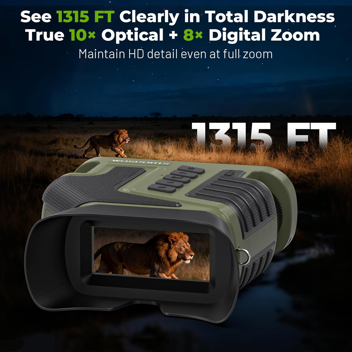 WOSPORTS 4K Night Vision Goggles – up to 80X Total Magnification, 10X Optical + 8X Digital Zoom, 1315FT Vision Range, 5000mAh Rechargeable Battery, IPX Waterproof NVG, Gifts for Men - Image 3