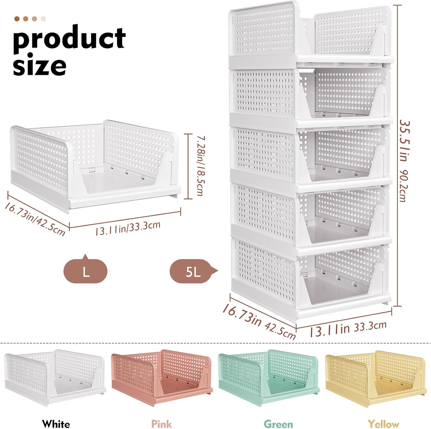 SNSLXH 5 Pack Stackable Closet Storage Basket, Multifunctional & Foldable Closet Organizer for Bathroom Kitchen Laundry Room Wardrobe Storage, Space-Saving Clothes Storage Drawer Organizer, White - Image 3