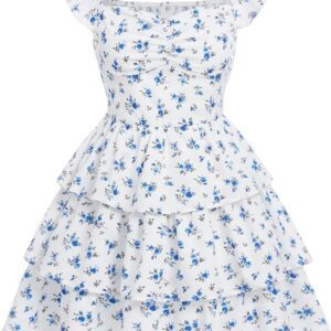 Girl’s Floral Summer Dress Ruffle Shirred High Waist Ruched Sweetheart A Line Spring Dress