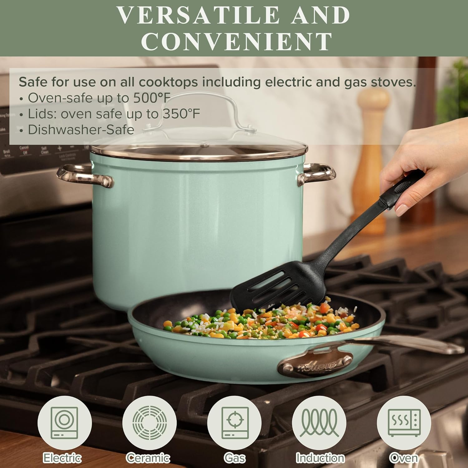 Nuwave Healthy Duralon Blue Ceramic Nonstick Cookware Set, Diamond Infused Scratch-Resistant, PFAS Free, Dishwasher & Oven Safe, Induction Ready & Evenly Heats, Tempered Glass Lids & Stay-Cool Handles - Image 3