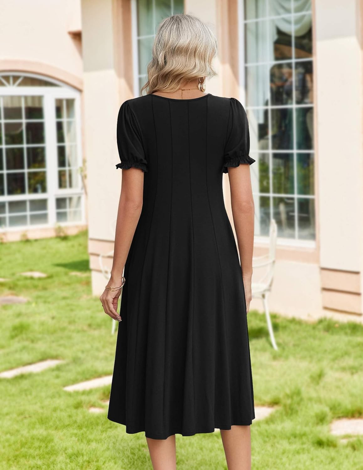 Zeagoo Womens Summer Dress Casual Midi Dresses 2026 Short Puff Sleeve Flare Dress Pleated Flowy Sundress with Pockets - Image 2