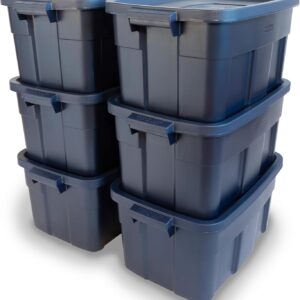 Rubbermaid Roughneck Tote 14 Gal, 6 Pack, Made in USA, Dark Indigo Metallic, Rugged Plastic Stackable Storage Bins with Lids and Handles