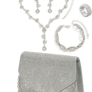 5 Pcs Purse Rhinestone Jewelry Set, RhinestoneClutch Purse Bride Prom Evening Rhinestone Jewelry Set Bling Necklace Earrings Bracelets Set for Wedding, Gold/Silver