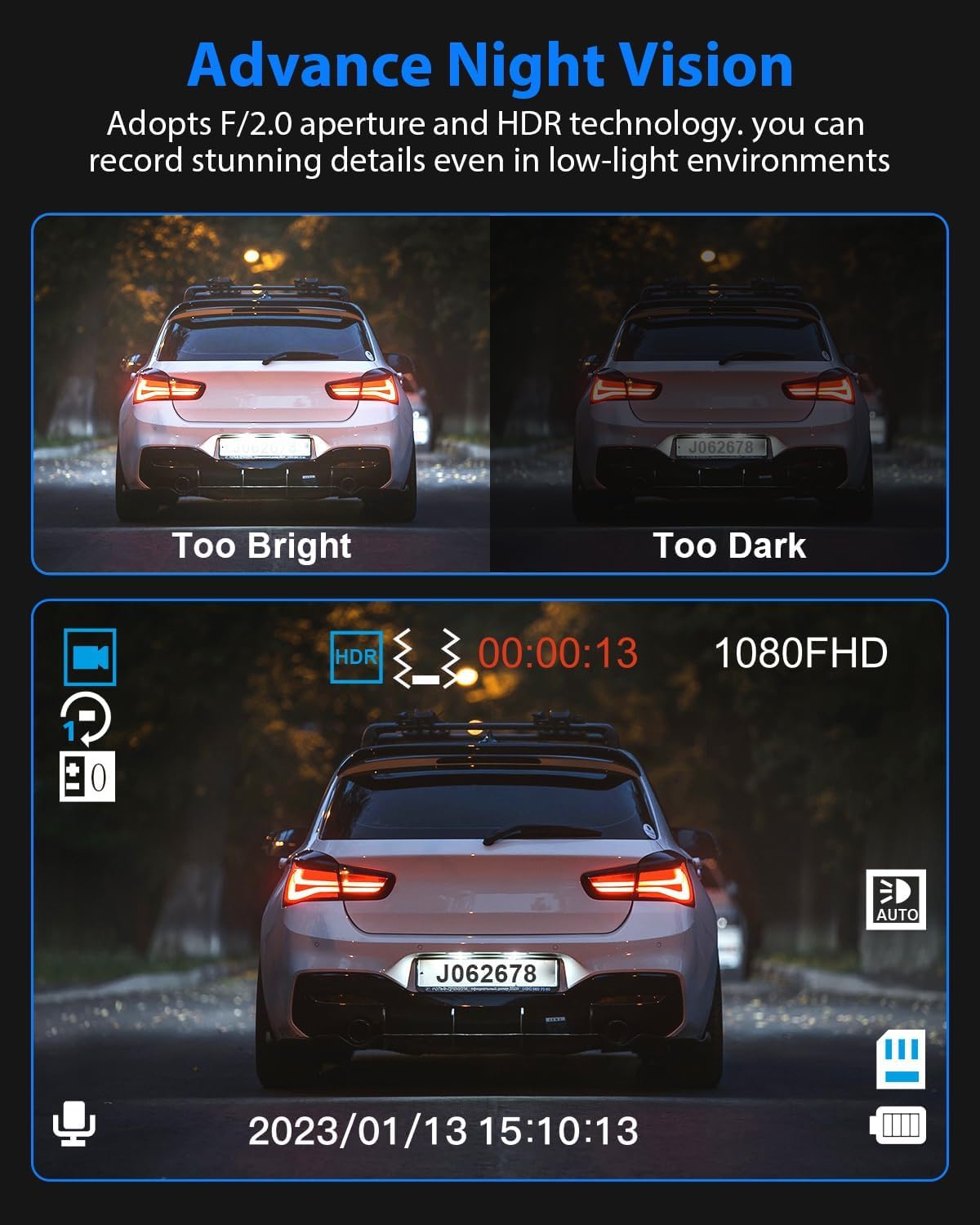 Dash Cam Front and Rear, 1080P Dash Camera for Cars, 3 Channel Car Camera Front Rear and Inside with 32GB Card, Loop Recording, Night Vision, HDR, 24Hr Parking, G-Sensor - Image 7