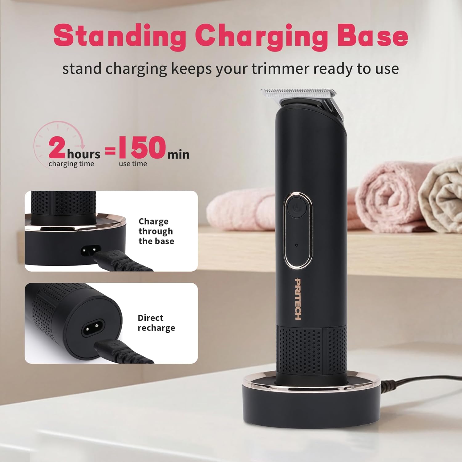 PRITECH Bikini Trimmer for Women - Rechargeable Pubic Hair Trimmer for Sensitive Skin, Wet&Dry Use, Pain-Free Electric Razor&Shaver with Standing Recharge Dock, Ideal Gift for Women, Black - Image 4