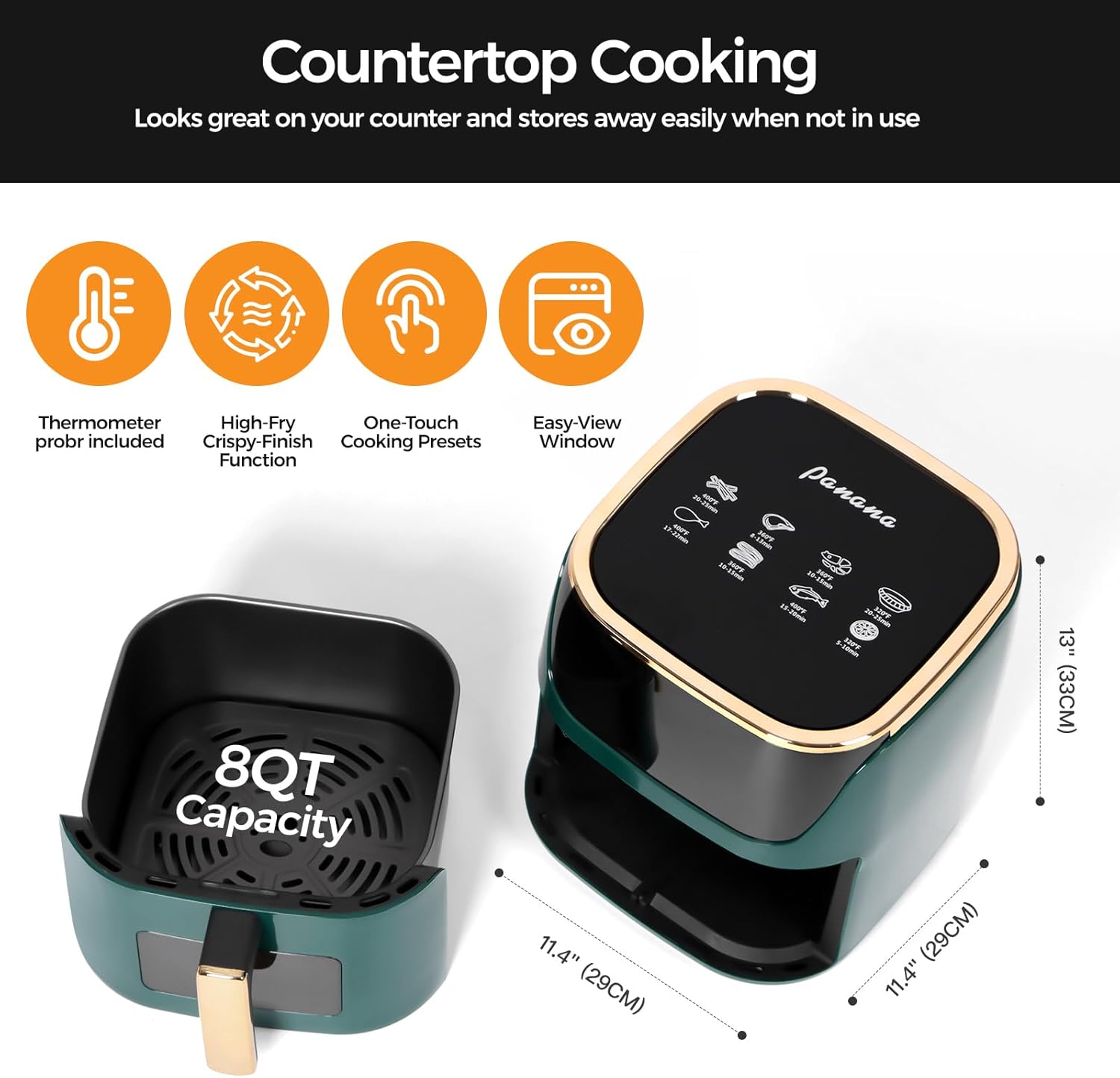 Panana 8QT Large Air Fryer Compact, 8 Preset Menus Airfryer, One-Touch Digital Control Presets, Touchscreen Display, Dishwasher Safe, Nonstick, Fit for Family (Green) - Image 5