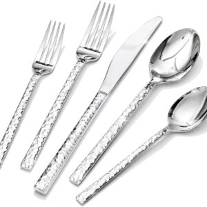 KINGSTONE 20 Piece Hammered Silverware Set, 18/10 Stainless Steel Flatware Set for 4, Cutlery Set for Home, Party, Wedding, Mirror Polished Dishwasher Safe