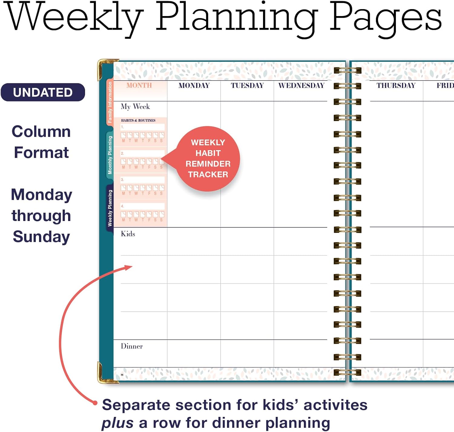 Undated Family Planner Organizer – 8.5" x 11" Weekly & Monthly Calendar for 5+ People, Meal Planning, Budgeting, Habit Tracker – Hardcover, Household Schedule Organizer for Parents, Kids, & Caregivers (Teal Floral) - Image 3