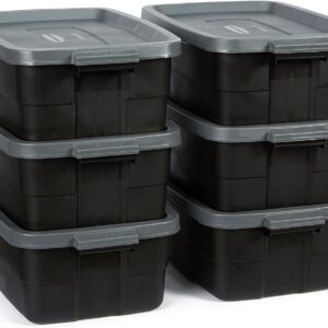 Rubbermaid 6-Pack Totes for Storage with Lids, Heavy Duty Plastic Storage Bins with Lids, Black Gray, 10 GAL – Stackable for Garage, Attic, Camping (10 GAL – 6 Pack Solid Black and Grey)
