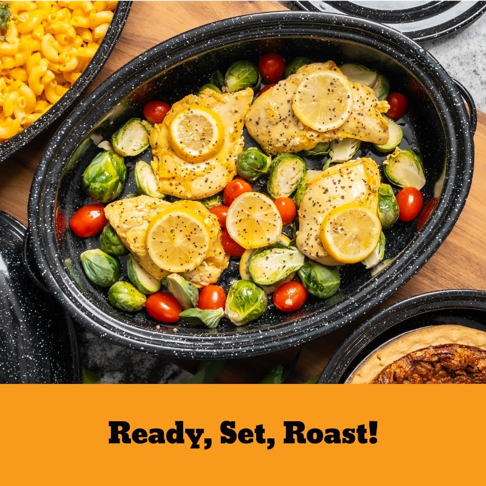 Granite Ware 4-Piece 18-in Roasting Set w/Lid, Enameled Steel, Speckled Black - Image 2