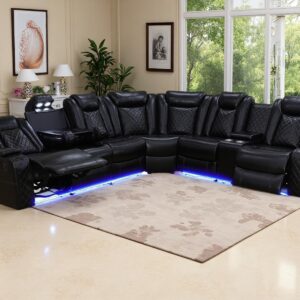 Power Recliner Sectional Sofa Set,Living Room Furniture Sets,Black Leather Sectional Reclining Couch Power Reclining Sofa with LED Light/Storage Console for Living Room