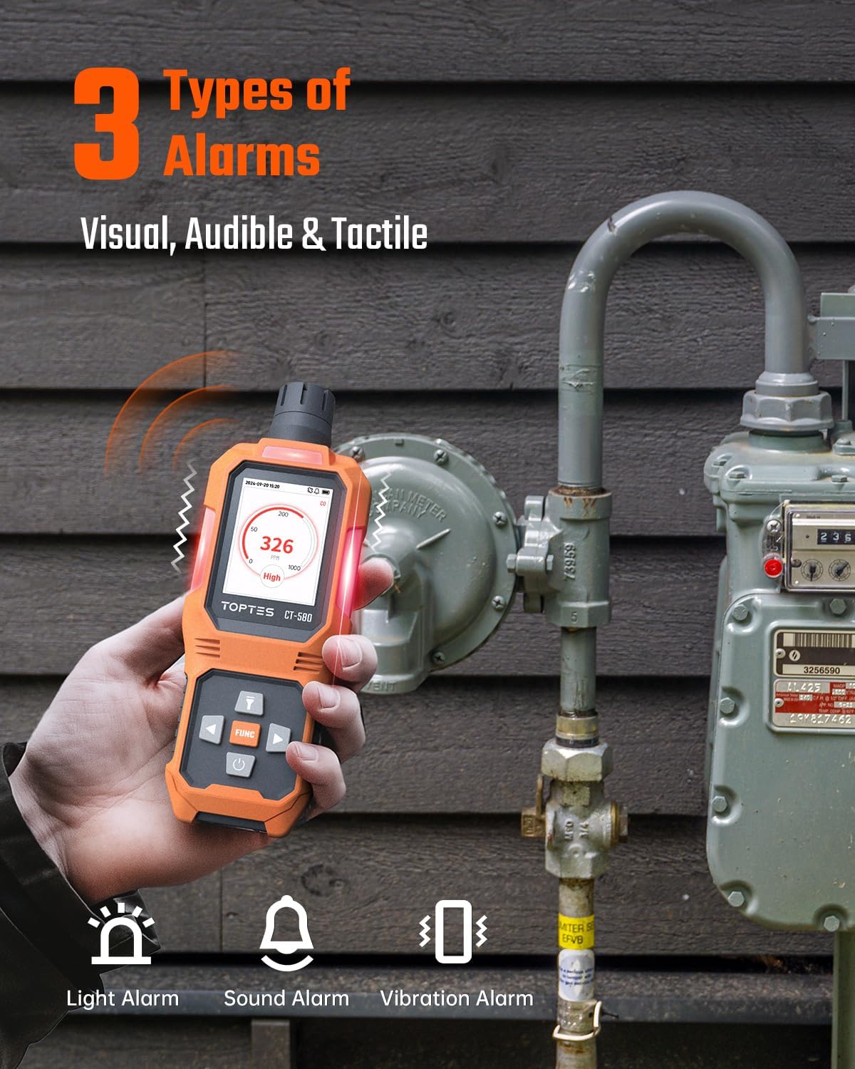 TOPTES CT-580 Portable Carbon Monoxide Detector, Rechargeable CO Detector with Vibration, Visual & Audible Alarms, 0-1000PPM, TFT Color Display for Home, Camping, Travel, Industrial & Professional Use - Image 5