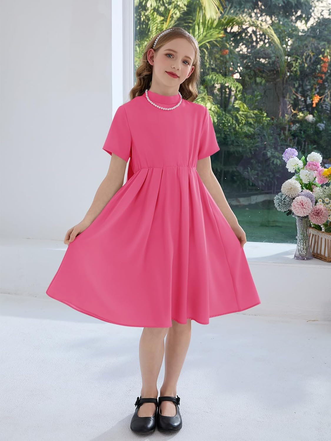 Haloumoning Girls Dresses Kids Back Bow Mock Neck Short Sleeve A-Line Wedding Party Midi Dress with Pockets 5-14Y - Image 2