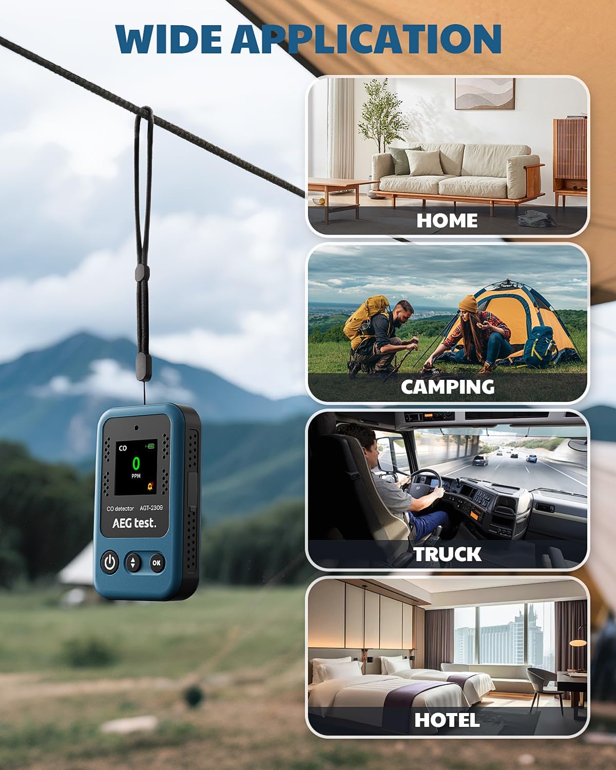 AGT-2309 Portable Carbon Monoxide Detector, 15-Day Standby, Rechargeable Mini CO Monitor with Lanyard for Travel & Camping, Handheld CO Meter with Audible & Visual Alerts, 0-1000ppm - Blue - Image 6