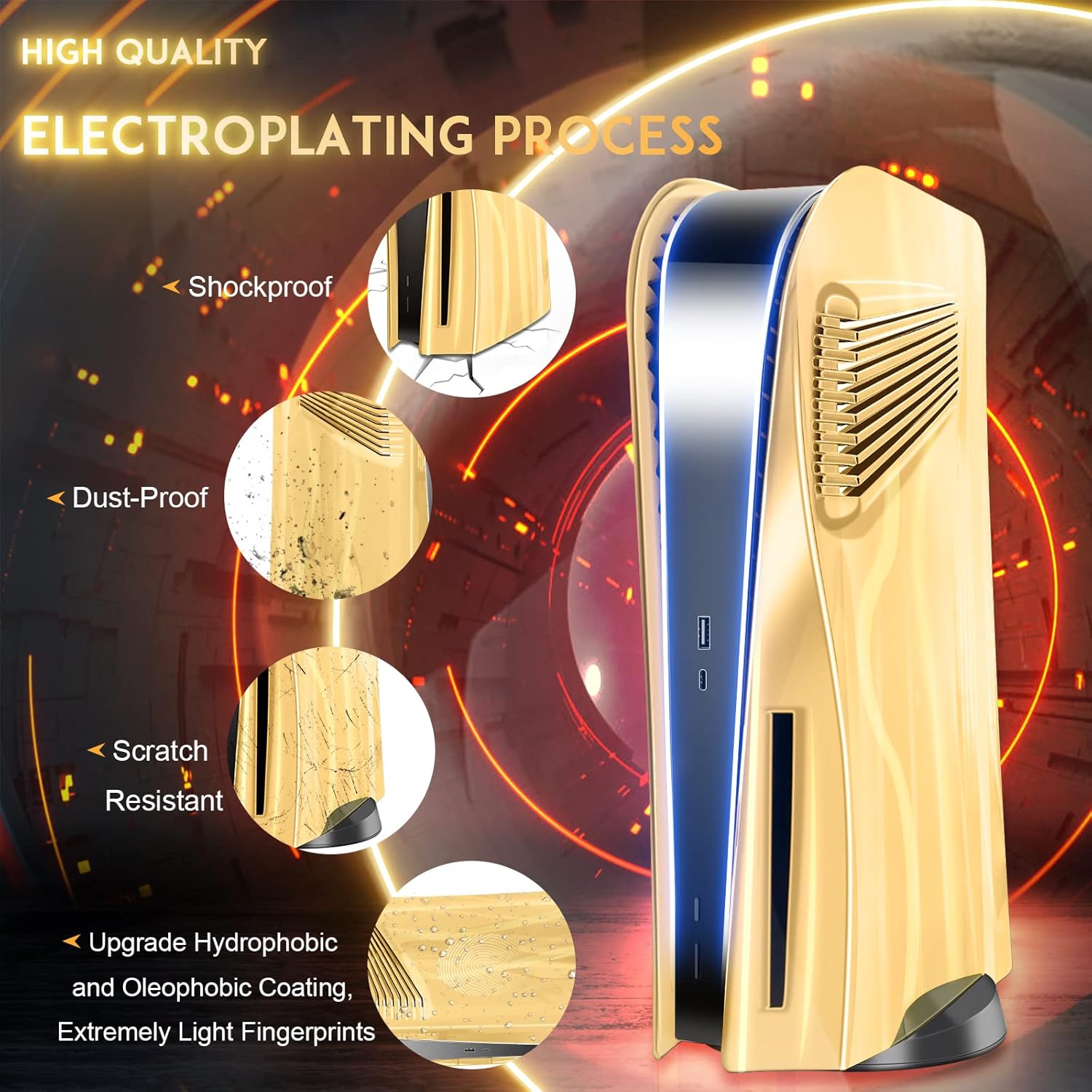 SIKEMAY PS5 Cover Plates for PlayStation 5 Console Disc Edition, PS5 Accessories Face Plates Side Shell with Cooling Fan Vents, Hard Shockproof Protective Custom Dust Skin Covers Case (Plating Gold) - Image 3