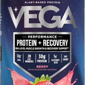 Vega Sport Vegan Protein Powder + Recovery – 30g Plant Based Protein per Serving, Berry, 19 Servings, 5g BCAAs, Probiotics, NSF Certified, for Shakes & Smoothies, 1.8lbs (Packaging May Vary)