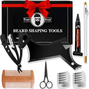 Beard Shaper for Men Beard Shaping Tools – Gifts for Men Beard Template Guide, Straight Edge Razor, 10 PCS Double Edge Blade, Barber Pencil, Beard Comb, Stainless Steel Scissor Mustache Lineup Tools