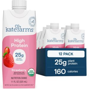 KATE FARMS Organic High Protein Strawberry Nutrition Shake, 25g Protein, 6g Fiber, 27 Vitamins and Minerals, 0g Sugar, Protein Drink, 11 oz (12 Pack)