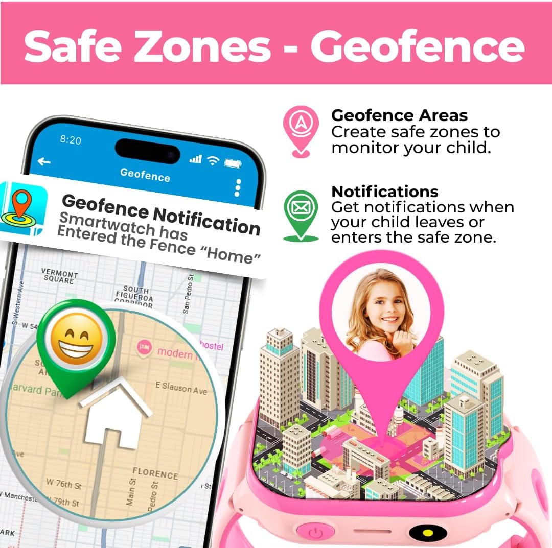 Smart Watch – Best Kid-Safe Phone Watch, Precision Real-Time GPS Tracking, Calls, Texts, Activity Tracking, School Mode, Parental Controls, SOS Button & Safety Alerts, Geo-Fence Zones (Pink) - Image 5