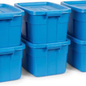 Rubbermaid Roughneck Tote 14 Gal, 6 Pack, Made in USA, Heritage Blue, Rugged Plastic Stackable Storage Bins with Lids and Handles