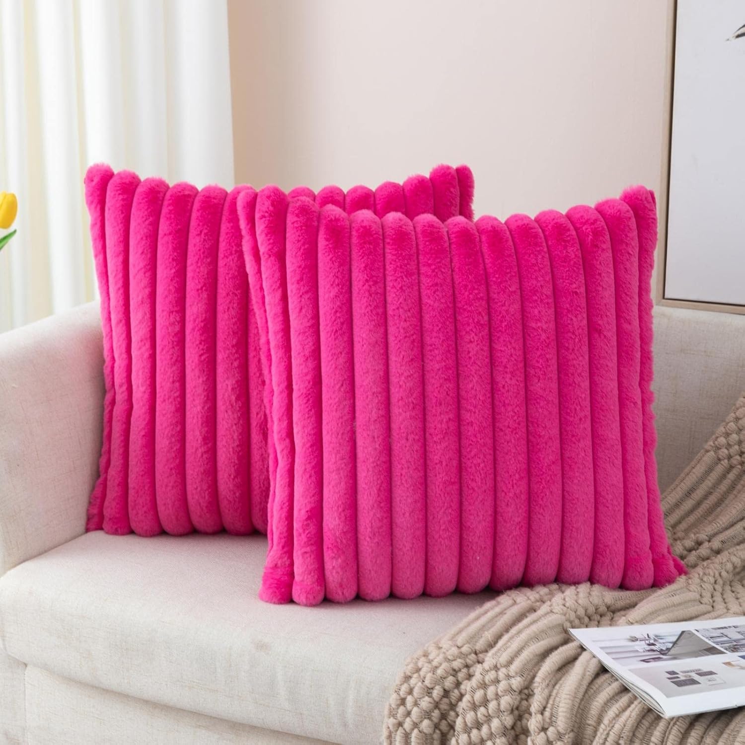 ZLINA Set of 2 Hot Pink Faux Fur Decorative Throw Pillow Covers Fluffy Striped Pillowcase Cushion Covers 18 x 18 Inch Decor Sofa Couch Bedroom - Image 2