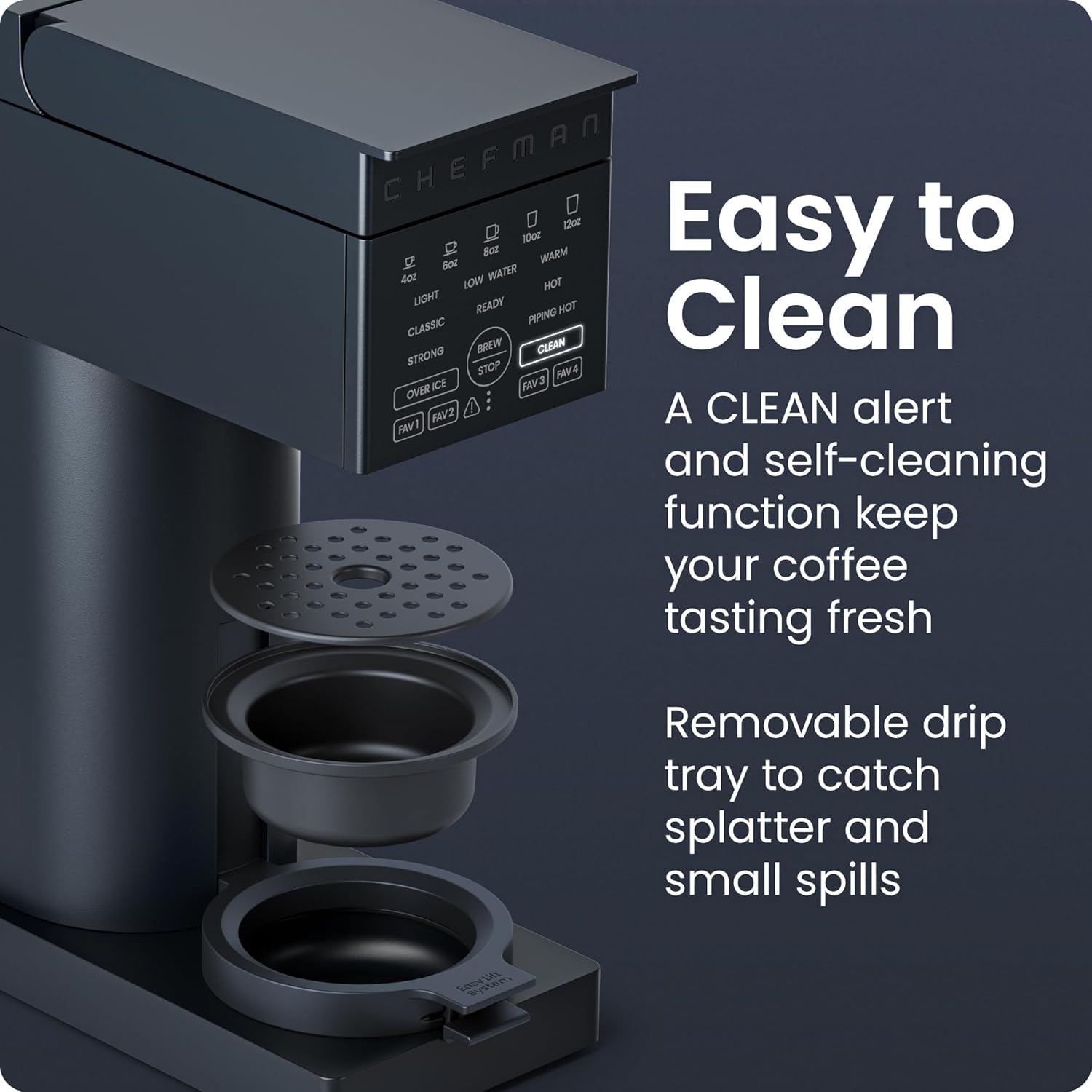 Chefman Caffeinator Single Serve Coffee Maker, Brew Kcups & Grounds, Drip Coffee Machine with Brew Strength Settings, Iced Coffee Function, 48 oz. Removable Water Reservoir - Image 6