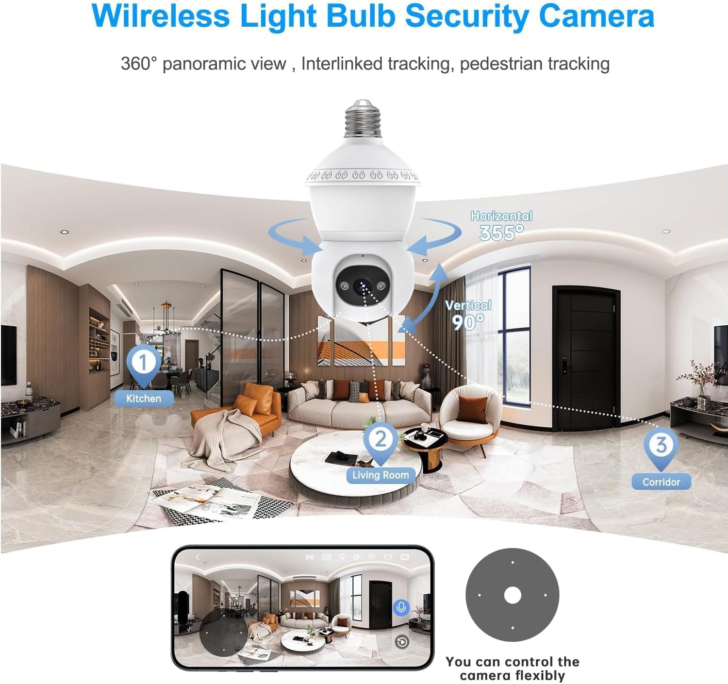Light Bulb Security Camera, 5G/2.4GHz WiFi Lightbulb Cameras Outdoor for Home Security,2-IN-1 Bulb Security Camera with LED Light E27 Compatible, Smart AI Human Detection,Color Night Vision (1Pack) - Image 3