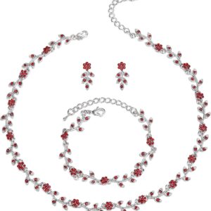 BriLove Wedding Jewelry Set for Women Bride, Gorgeous Stunning Crystal Flower Leaf Cluster Choker Necklace Link Bracelet Stud Earrings Bridal Bridesmaid