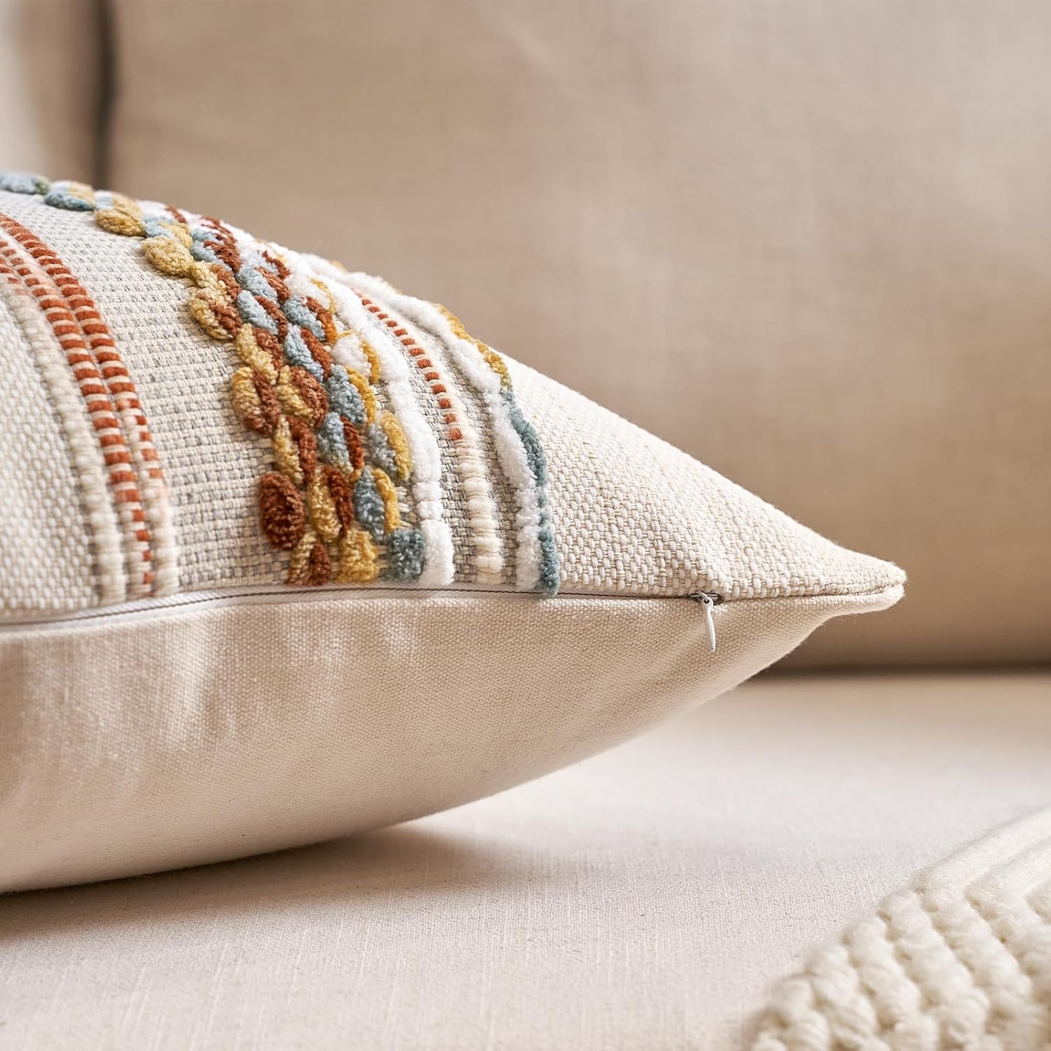 Aeckself Boho Throw Pillow Covers 18x18 Inch Set of 2, Farmhouse Decorative Striped Square Pillow Covers Chenille Tufted Pillow Cases Accent Neutral Pillowcase for Living Room Couch Bed, Orange White - Image 5