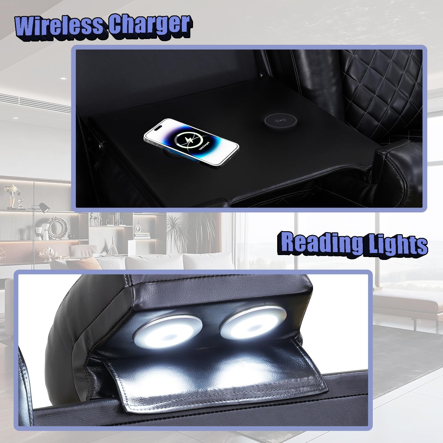 Power Recliner Sectional Sofa Set,Living Room Furniture Sets,Black Leather Sectional Reclining Couch Power Reclining Sofa with LED Light/Storage Console for Living Room - Image 3