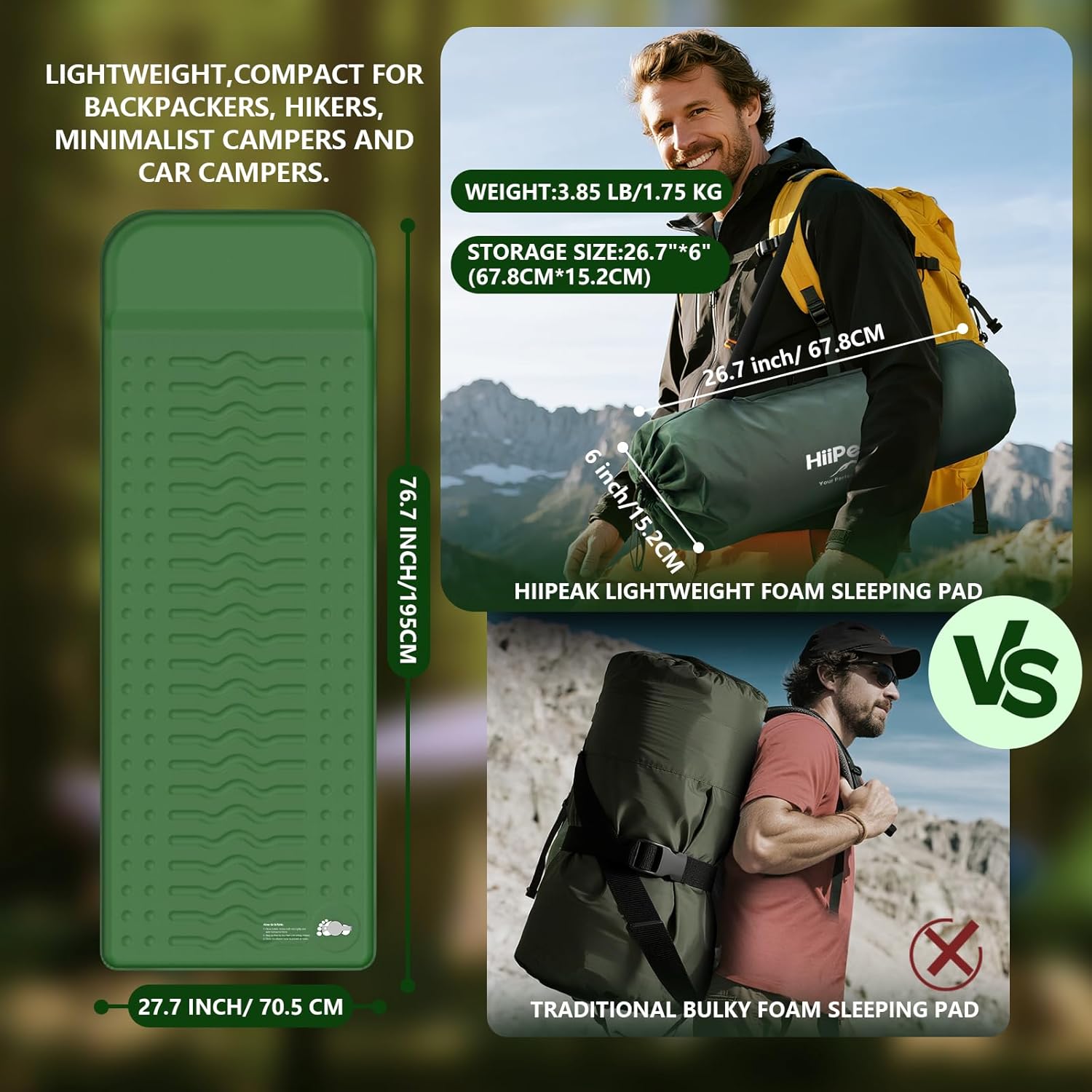 HiiPeak Memory Sleeping Pad, Compact Thick Foam Sleeping Mats with Pillow, 9.5 R-Value Insulated Camping Mattress Pad, Easy Inflate & Deflate, Inflatable Sleep Mat for Backpacking Hiking Car Tent - Image 2