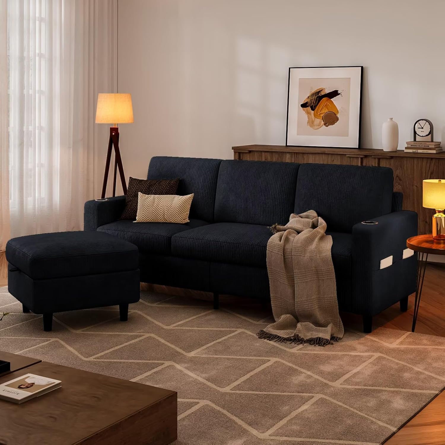 Convertible Sectional Couches for Living Room, 3 Seats L Shaped Sofa with Storage Ottoman and 2 Cup Holders, Modern Corduroy Couch Small Sofas for Small Space Apartment Office, Black - Image 4