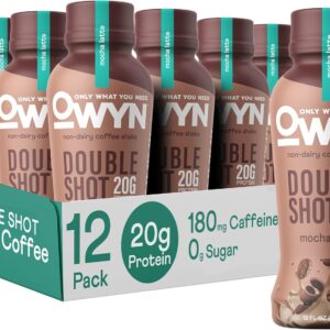 OWYN Only What You Need Double Shot Dairy Free Keto Protein Coffee Shake, Mocha, 0g Sugar, 20g Plant Based Protein, 180mg Caffeine, Gluten & Soy Free, Non-GMO, Vegan (12 Pack, 12 Fl Oz Bottles)