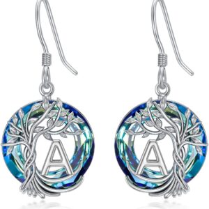 TOUPOP Tree of Life Initial Earrings 925 Sterling Silver A-Z Letter Drop Dangle Earrings Blue Circle Crystal Jewelry Birthday Christmas Gifts for Women Her Girlfriend Mom